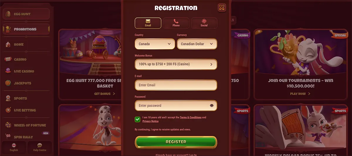 Casino registration popup with email, phone, and social sign-up tabs, country and currency selectors, welcome bonus dropdown, email and password fields, consent checkbox, and a green register button on a red-themed gaming interface.